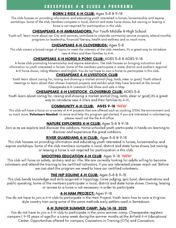 Clubs & Programs Chesapeake 4-H